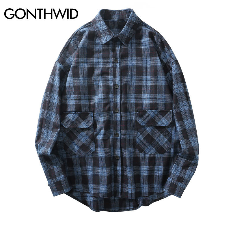 

Front Pockets Long Sleeve Plaid Shirts Men Hip Hop Casual Streetwear Dress Shirts Coats Harajuku Fashion Shirt Tops, Kg-1
