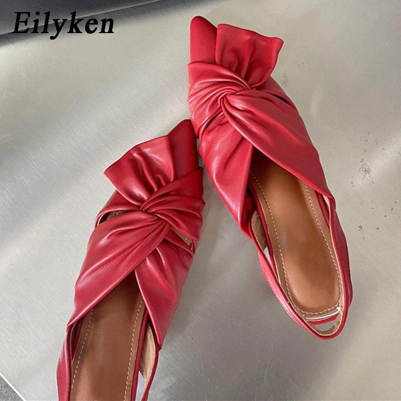 

Eilyken Women Low Heel Shoes Fashion Pleated Cross PU Leather Ladies Pointed Toe Slip-On Slides Mules Femme Sandals Pumps #313h, Red