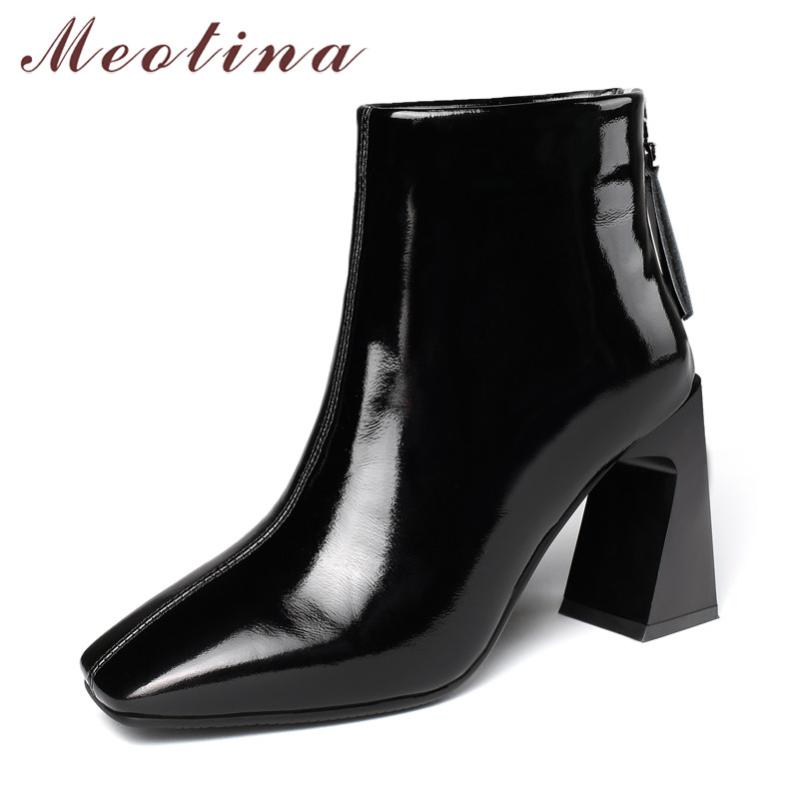 

Meotina Genuine Leather Super High Heel Short Boots Women Shoes Square Toe Hoof Heels Zipper Ankle Boots Autumn Winter Wine Red, Black synthetic lin