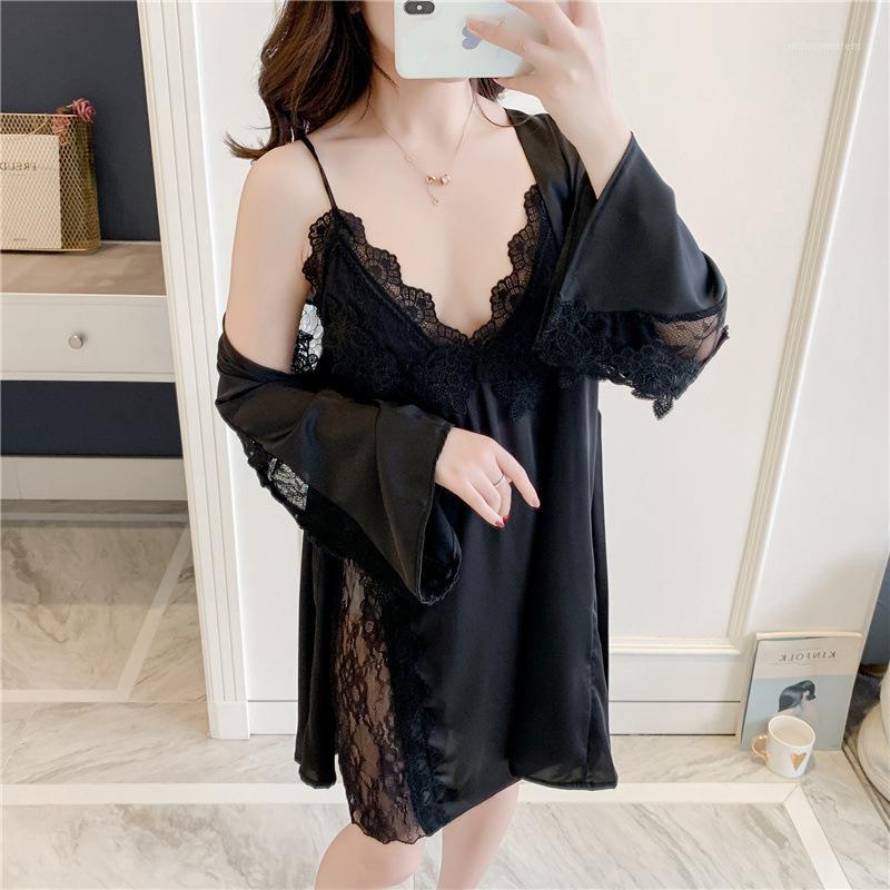 

Nightdress Women 2PCS Sleep Set Sexy Satin Kimono Bathrobe Gown Nightwear Silky Lace Intimate Lingerie Summer New Home Clothes1, Nightdress red