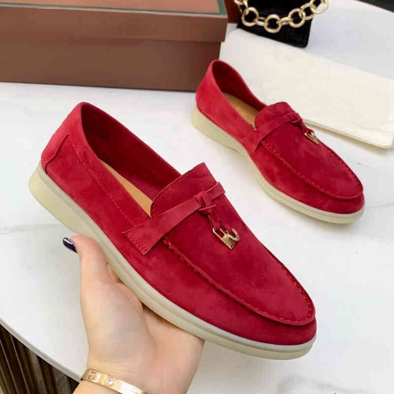 

2022-Women's suede leather summer sneakers, comfortable and casual flat shoes, round headed mule with metal lock, Grey