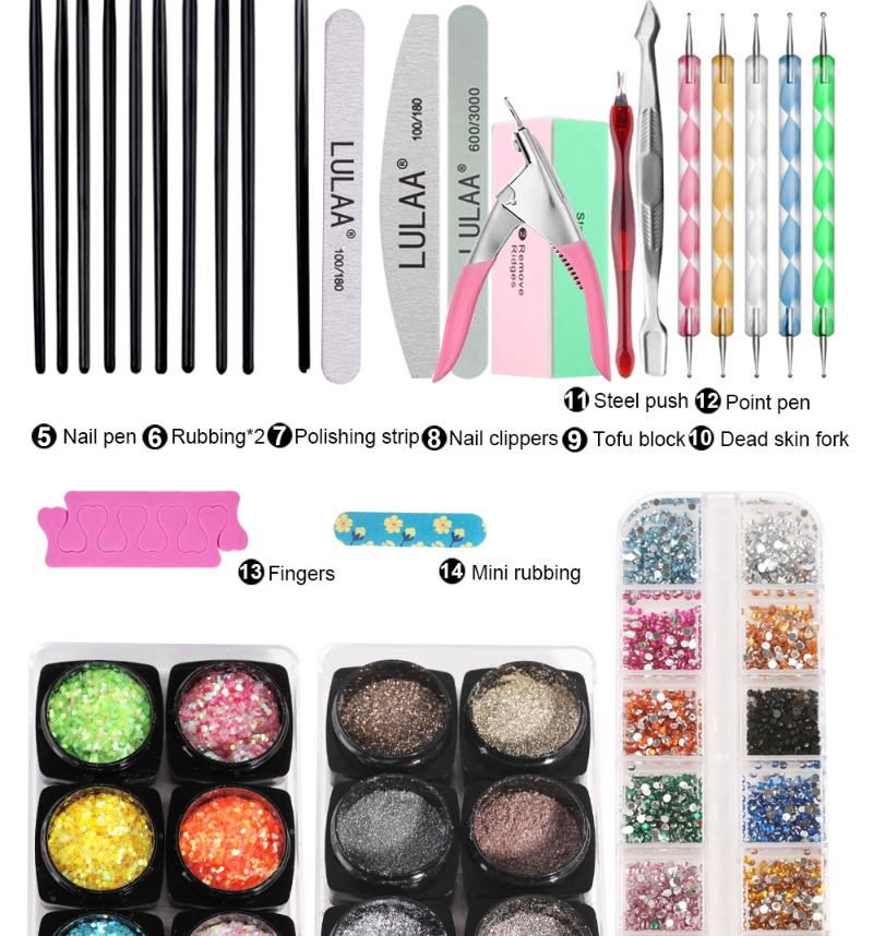 

ZK50 Nail Kit Acrylic Powder Liquid Brush LED Nail Lamp Dotting Pen Stamping Sponge Pusher Manicure Tape for Beginners