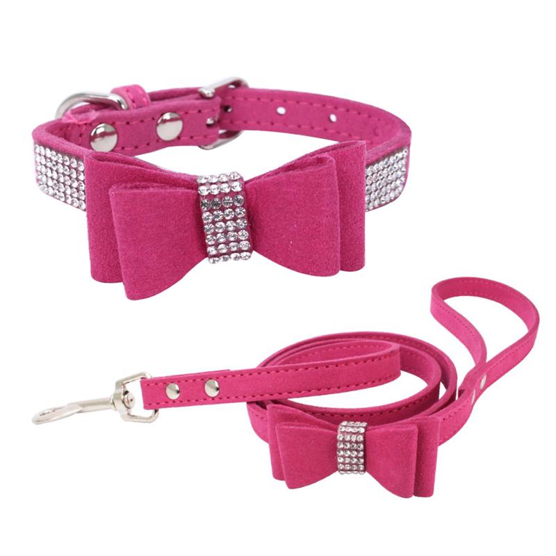 

Adjustable Puppy Pet Dog Collar Leash Set Soft Shining Diamond Bowknot Dog Rope Small Medium Dogs Collars Walking Leashes