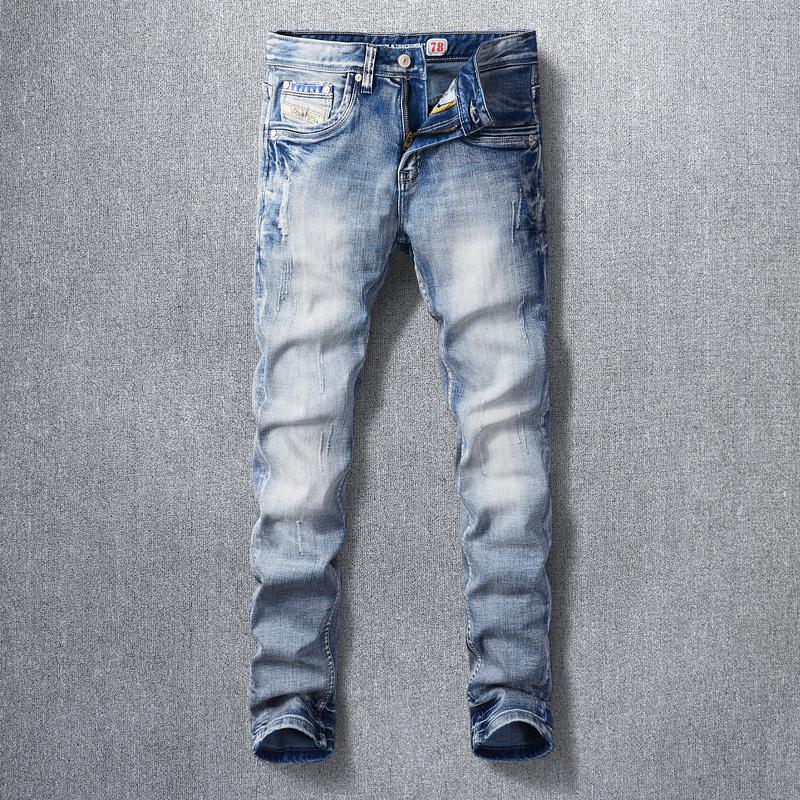 

Fashion Streetwear Men Jeans Retro Light Blue Elastic Slim Fit Ripped Denim Trousers Italian Vintage Designer Cotton Long Pants