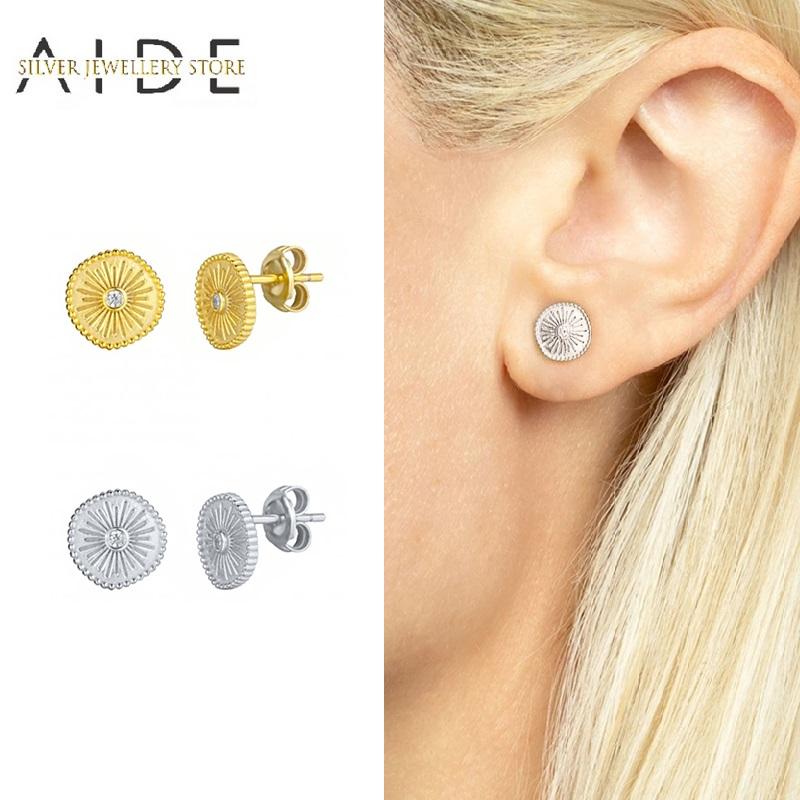 

AIDE Minimalism Round Stud Earrings For Women Exquisite Fireworks Carved Piercing 925 Sterling Silver Earings Jewelry kolczyki