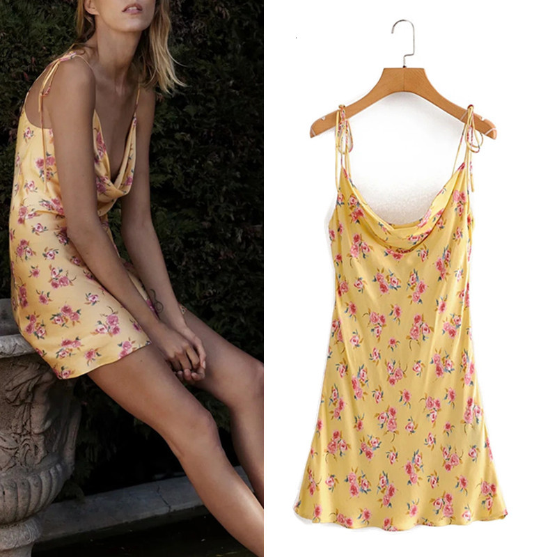 

2021 New Woman Summer Vintage Draped Floral Print Sleeveless Dress Fashion Adjustable Ties Spaghetti Strap Short Dresses 4s9j, Gold