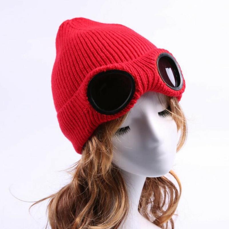 

Men Women Beanies Skullies Skiing Cap with Removable Glasses Winter Knitted Hat Black Gray Red