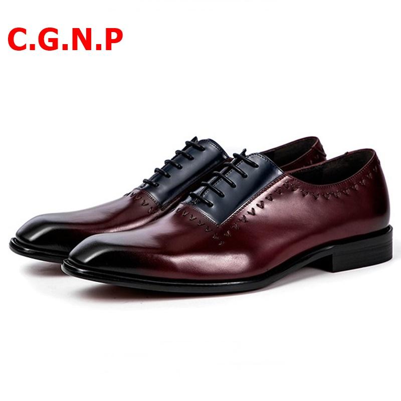 

C.G.N.P Goodyear Business Formal Shoes Men Mixed-color Patchwork Genuine Leather Oxfords Dress Shoes Mens Wedding, As picture