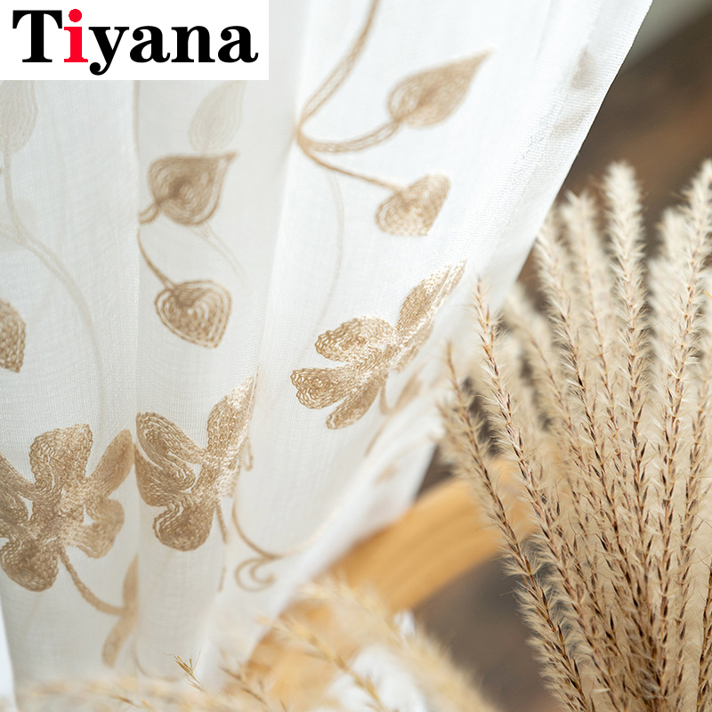 

Coffee Flower Embroidered Tulle Curtains Bedroom White Sheer Curtain for Living Room Window Panels Kitchen Home Decor ZH020Z