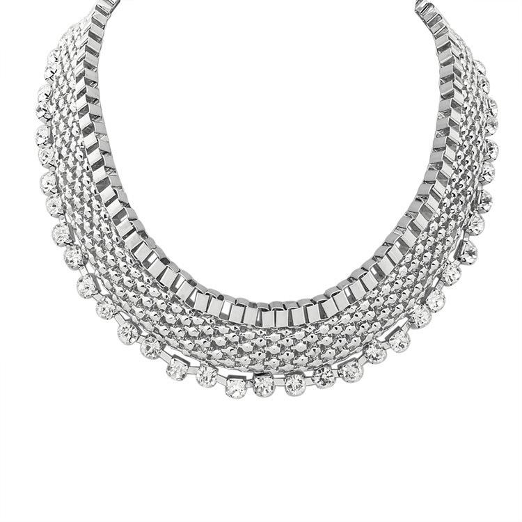 

BK Women Grid Shape Necklaces White Crystal Rhinestone Trendy Sweater Chain Neck Female Fashion Insert Fancy Summer Necklaces