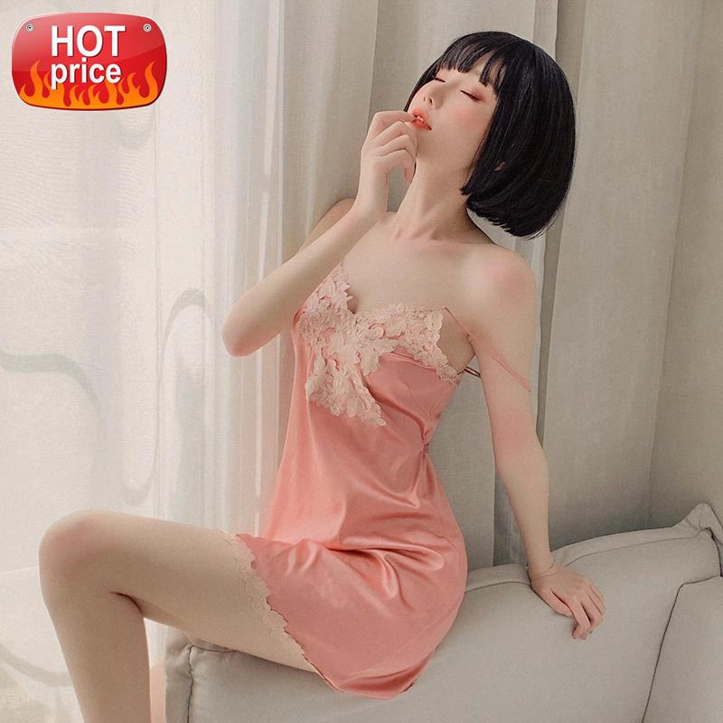 

Woman Night Sleepwear Silk Lingerie V Neck Plus Size Women Lace Nightwear Nightowns Embroidery Split Sleep Dress Home Clothes #Of3i, Black;white