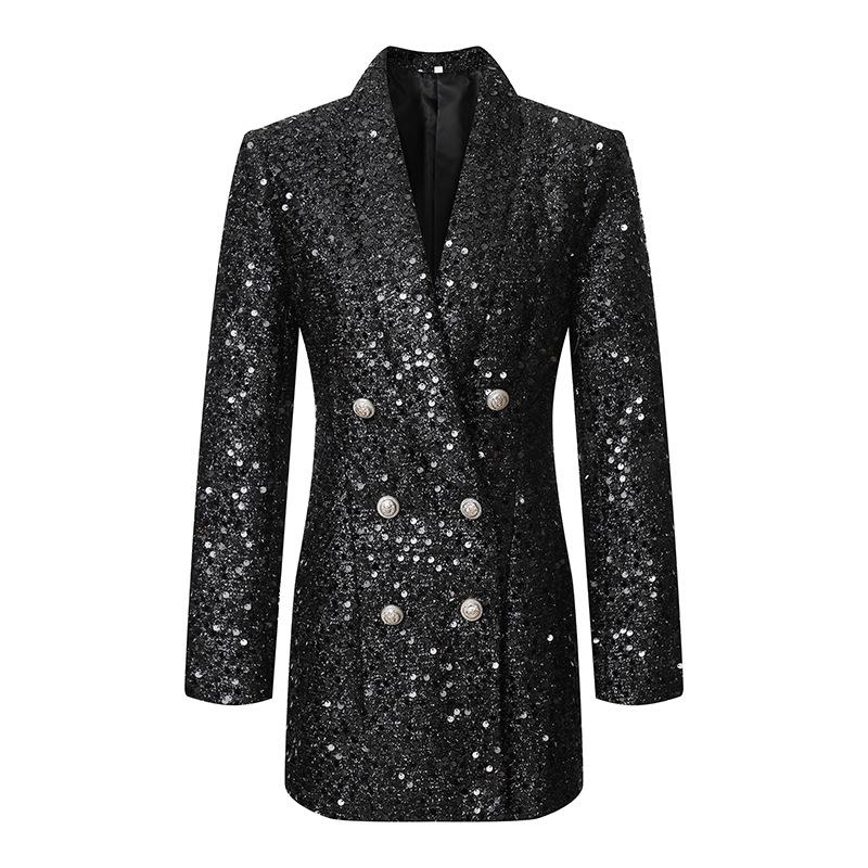

Women Shawl Lapel Shiny Sequins Suit Jacket Female Double-breasted Long Coat Slim Fit Black Autumn New Fashion Elegant Blazers