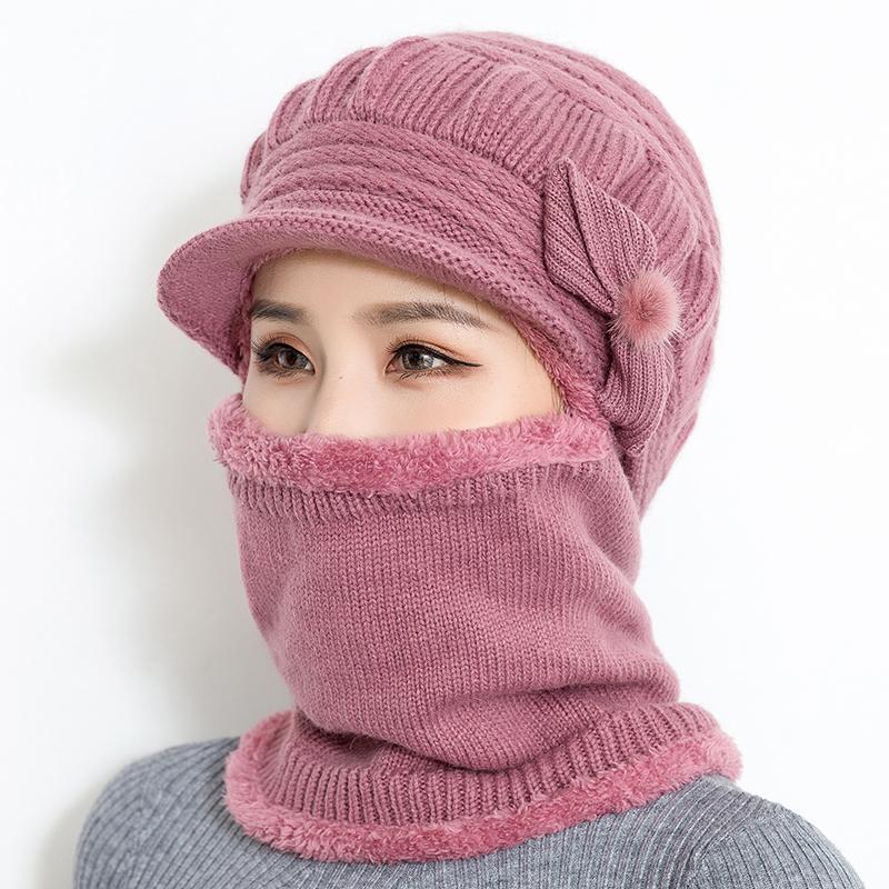 

2021 Female Neck Warmer autumn winter Beanies Hats Mask Women Winter Hat Knitted Hats Scarf Set Beanie Ski Caps Woman, Red