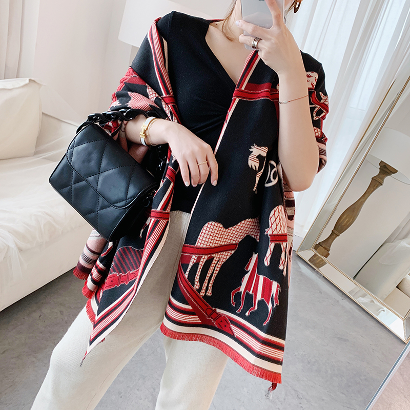 

Luxury-Scarf Women Horse Pattern Cashmere Thick Scarfs Warm Long Scarves 180cm 70CM