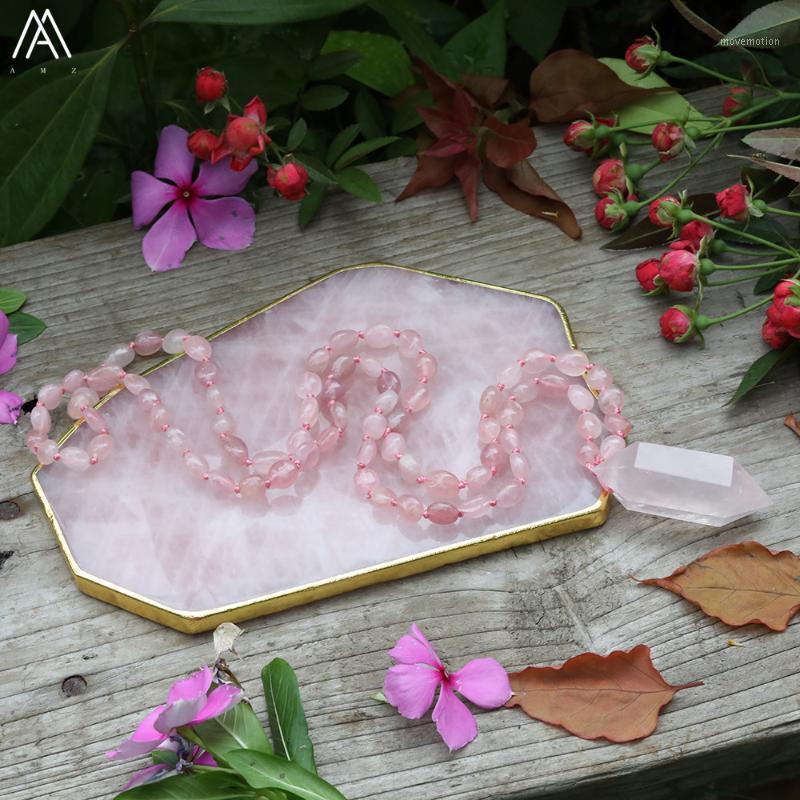 

Natural Roses Quartz Double Point Pendant Nugget Chip Pink Quartz 108 Prayers Beads Knotted Handmade Necklace Women Mala Jewelry1