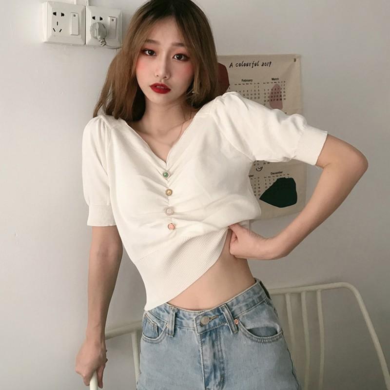

Women Buttoned T Shirt Casual Knitted T Shirts Tops Solid Color Short Sleeve Tee Shirt, Black