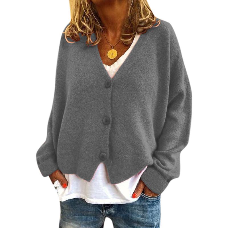 

Autumn Solid Short Sweater Coats Women V Neck Casual Knitted Outwears Open Stitch Buttons Long Sleeve Loose Cardigans Coat, Black