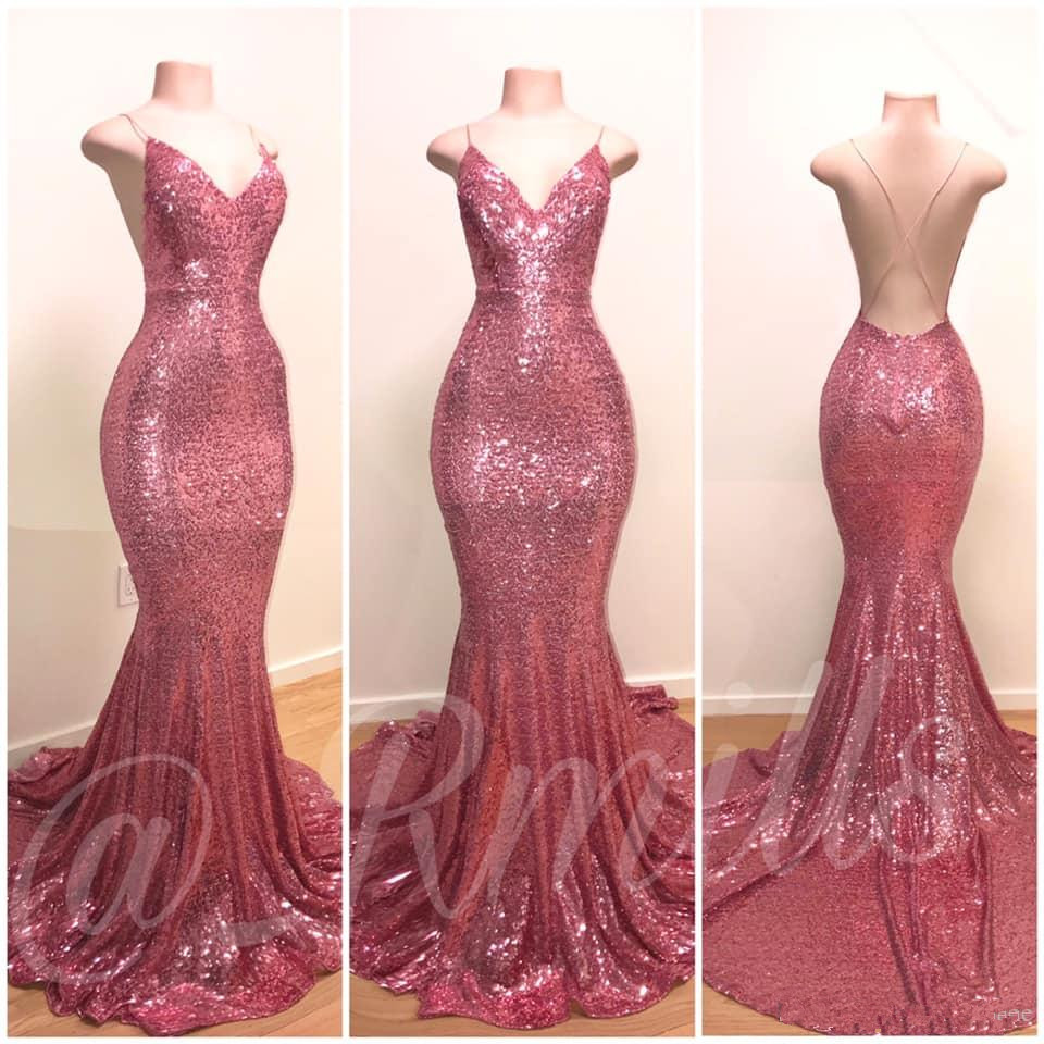 

Backless Prom Dresses Mermaid Spaghetti Straps Sequins Sparkle Elegant Long Prom Gown Evening Dresses Robe De Soiree, Gold