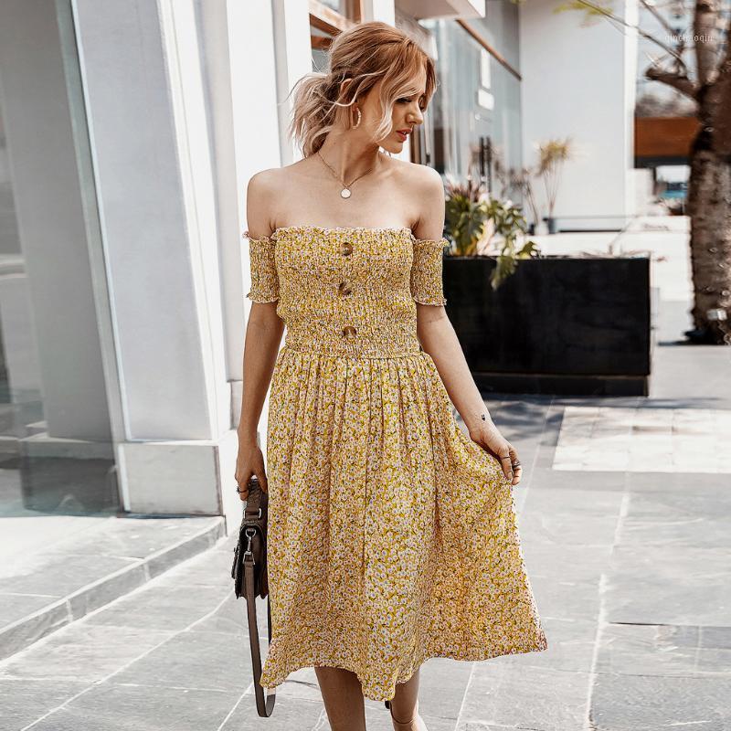 

Women Fashion Flower Floral Print Off Shoulder Button Casual Sundress Mini Dress One Shoulder Ladies dress women1