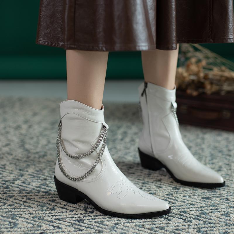 

Xiuningyan 2020 Women Boots with Chain All Genuine Leather Shoes Woman Ankle Boots Fashion Zipper Short Women Shoes, Black