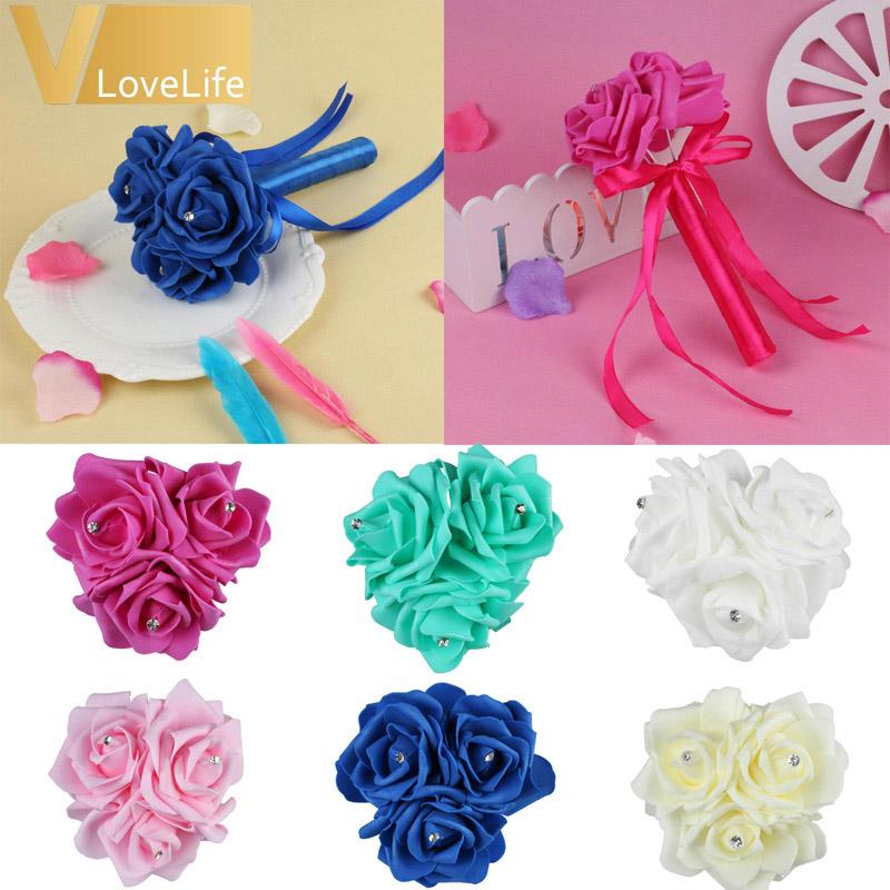 

Decorative Flowers & Wreaths Bridal Bouquet Wedding Bouquets Foam Rose Artificial With Rhinestone Satin Ribbon Bow Favors Decorations, White