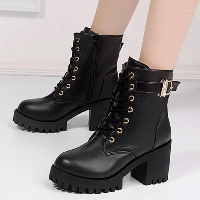 

Women Boots High Heels Square Platform Ankle Winter Shoes Fashion Sexy Lace Up Black Leather Women Short Boots VT14701, Wine red
