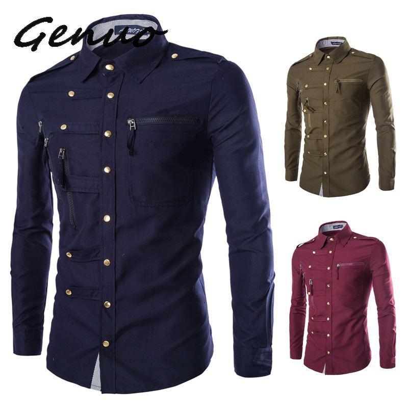 

New Arrival Spring/Autumn Men Long Sleeve Cargo Shirt Casual Slim Fit Fashion Epaulet Double Pocket Mens Dress Shirt  L XL XXL, Blue