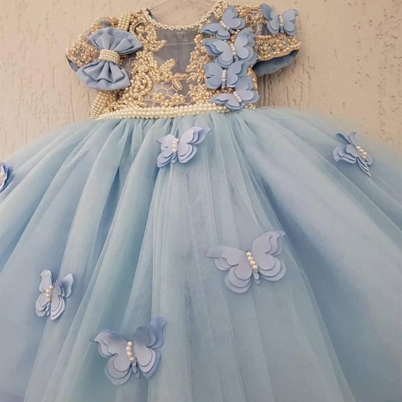 

Luxury Pearls Flower Girls Dresses Princess Ball Gown Illisuion Jewel Neck Gold Line Butterfly Birthday Dress, Sky blue