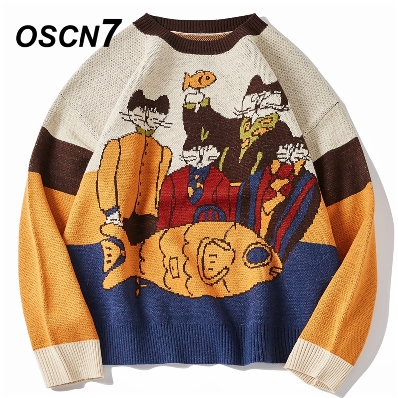 

OSCN7 Funny Oversize Sweaters Men Winter High Streetwear Fashion Mens Pullovers Round Neck Vintage Sweaters 0020 201201, Black