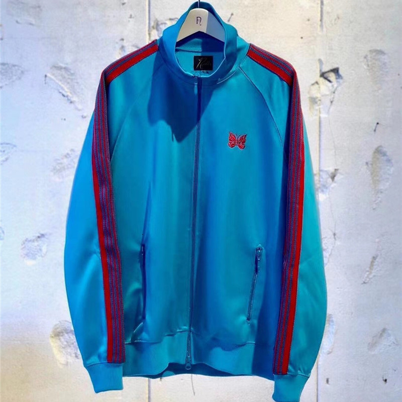 

2021 New Blue Poly Smooth Track Jackets Men Women Needles Jacket Red Butterfly Embroidery Awge Coats Mg01