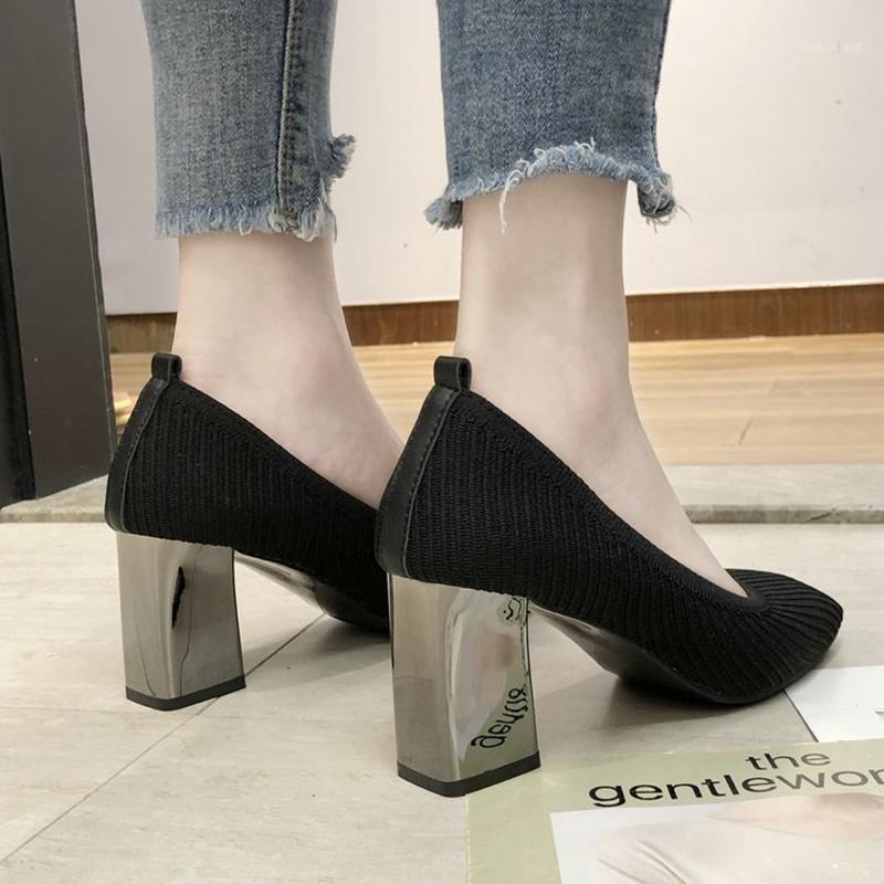 

Silver Heels tacones woman stretch flyweaving pumps square toe transparent knitted escarpins femme chunky high heels shoes women1, Beige