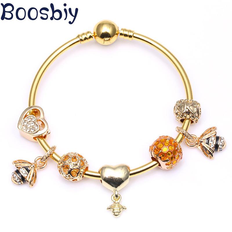 

DIY Small Bees Pendants Fits Fashion Brand Gold Color Charm Bangle High Quality European Style Bracelet For Women Jewelry Gift