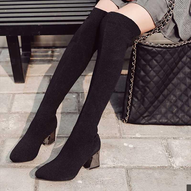 

Fashion High Heels Women's Sock Boots Over-the-Knee Pointed Toe Boots Stretch Fabric Square Heel Shoes Winter Sexy Shoes Botas1, Black