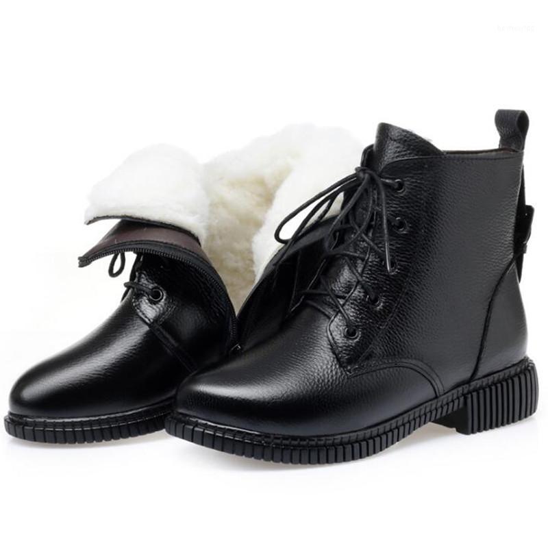 

2020 New Cross Strap Warm Winter Boots Comfort Low-heel Boots Genuine Leather Plus Plush / Wool Women Snow1, Black inisde plush
