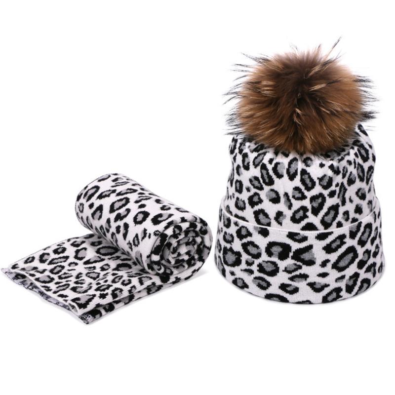 

2pcs Winter Women Pompon Beanie Hat Scarf Set Leopard Warm Faux Fur Pom Pom 28GD