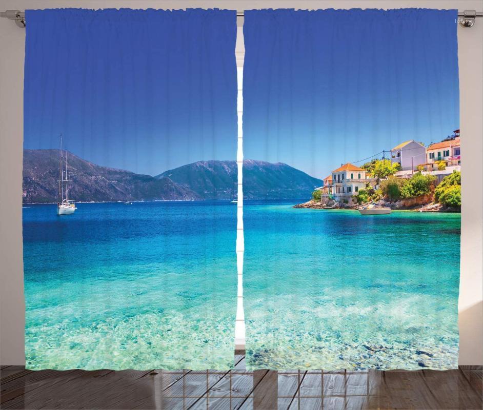 

European Curtains Mediterranean Greek Island Harbor Holiday Hot Coastal Charm Ionian Scenery Print Living Room Bedroom Window1, As pic