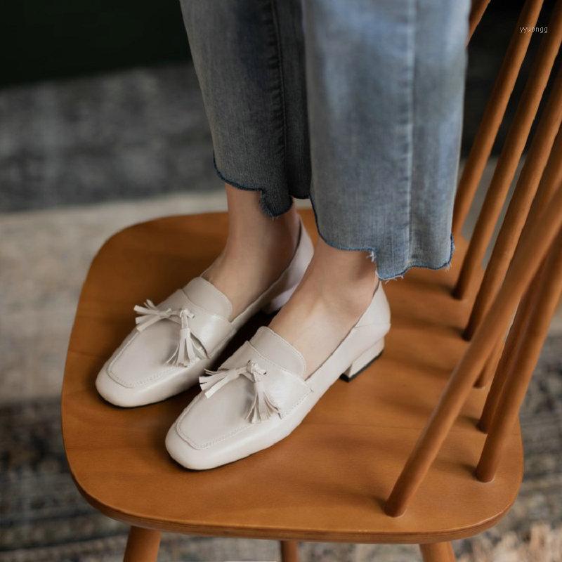 

ZawsThia 2021 Early Spring Round Toe Retro Casual Leisure Woman's Loafers Chunky Heels Female Mules Pumps With Fringes Tassel1, Beige