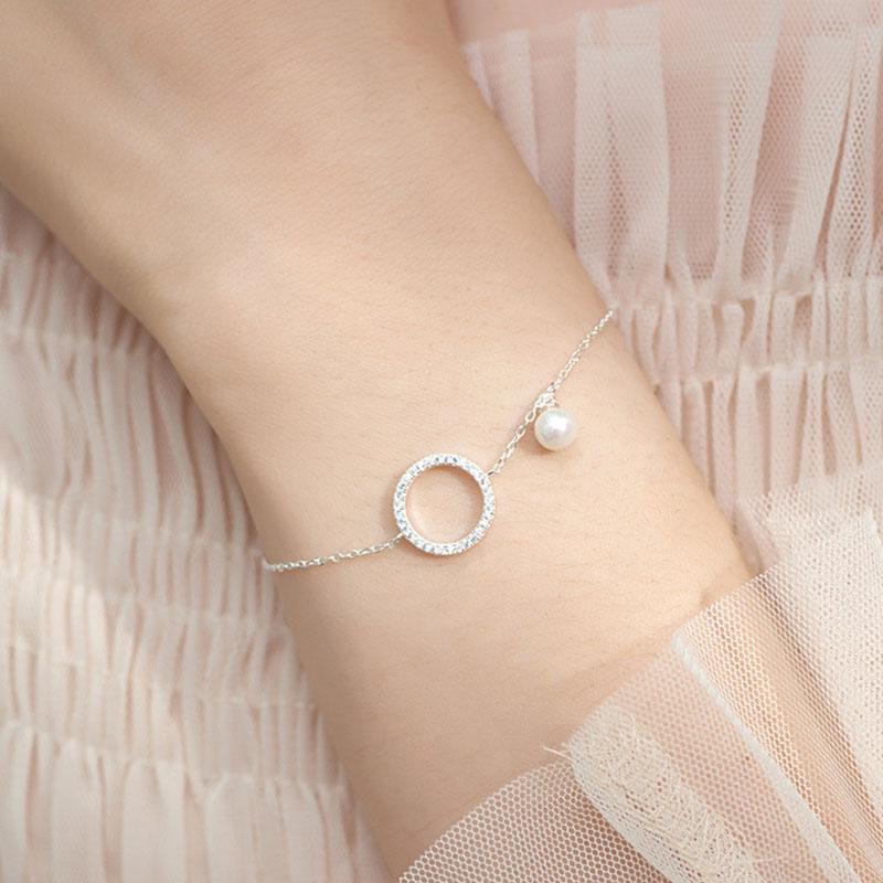 

S925 Stamp Silver Color Geometric Circle Bracelet For Women Micro Pave Zircon Pearl Chain Bracelet Jewelry Gifts S-B123