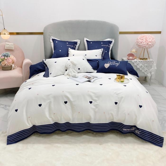 

Blue heart embroidery bedlinen Bedding Set King Queen Size Bed Linen 600TC egyptian Cotton Duvet Cover Bed Sheet Set Pillowcases1