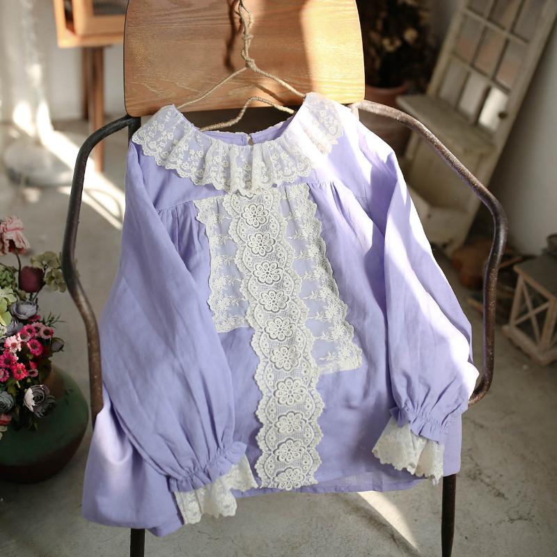 

new spring 2021 lace collar leisure loose cotton and linen shirt sweet top mori girl ht602, Purple