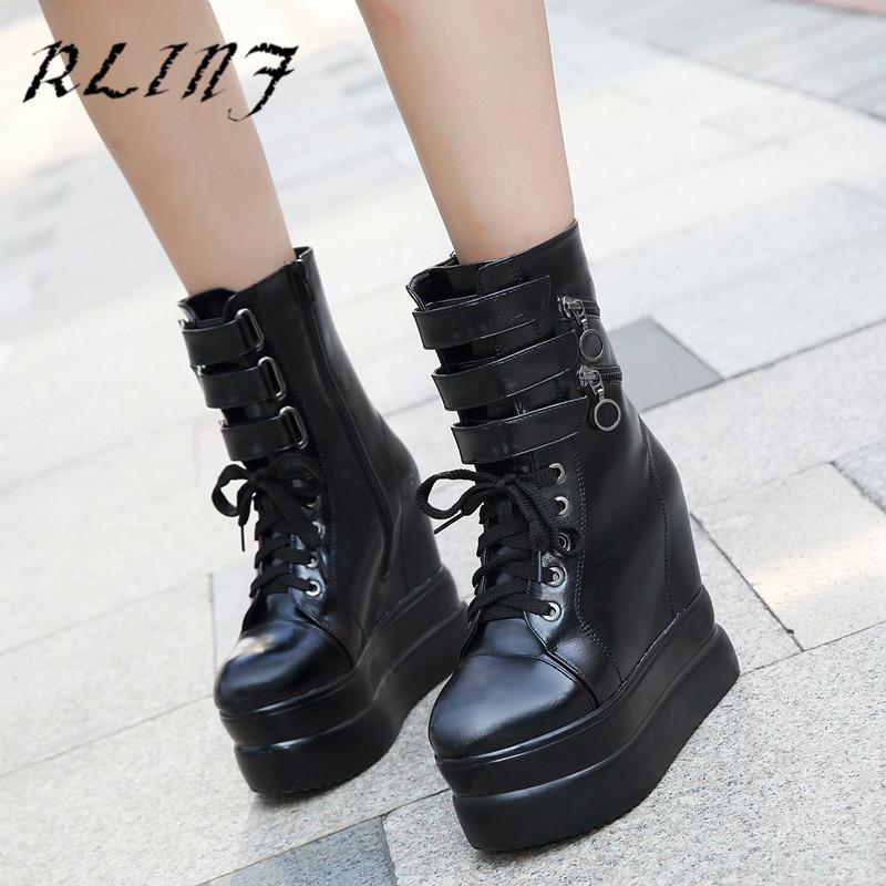 

RLINF Boots Female Autumn Winter New Muffin Platform Boots Children High To Help Increase The Short Rivets, Black