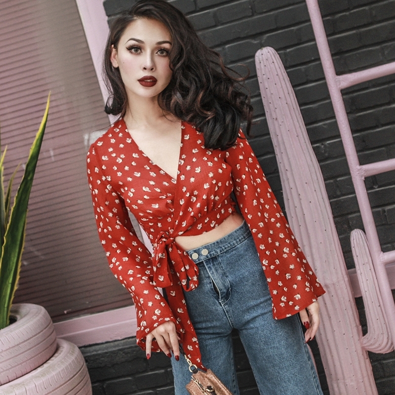 

2021 New Summer Vintage Floral Printed Chiffon Shirt Elegant Women Long Like Enlarged Short Sleeves Blusa 90OG, Red