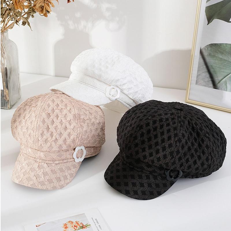 

Vintage lace mesh beret hat 2020 flat top short brim navy hat autumn fashion net red beret, White