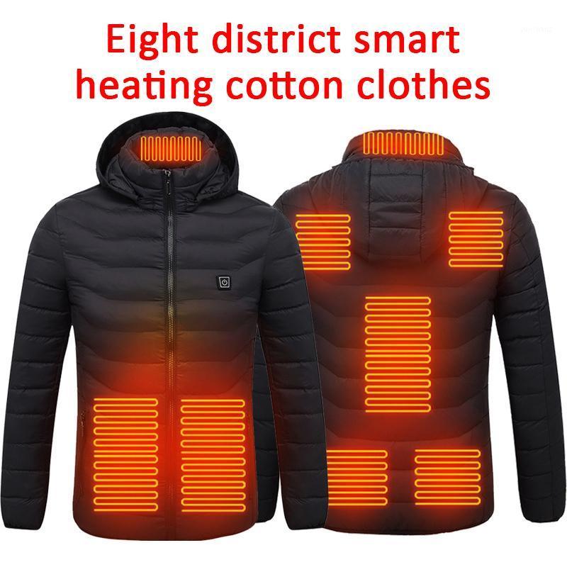 

USB Electric Heating Jacket 8 Zone Heating Plate Outdoor Sports Coat Winter Coat With Cap And USB Electric Vest Camping1, Black