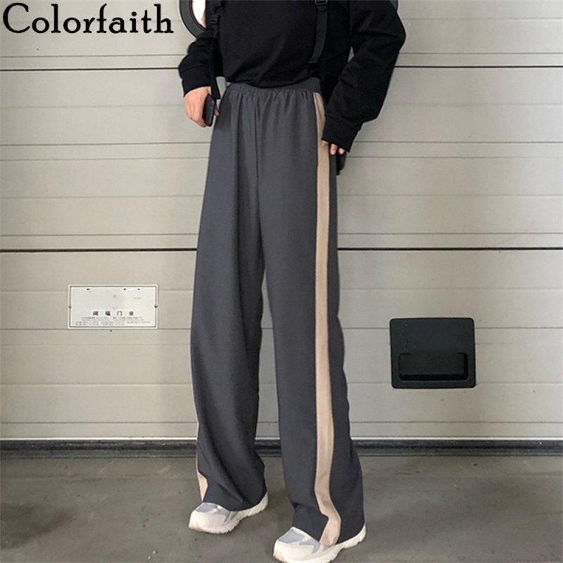

Colorfaith Summer Women Wide Leg Pants High Elastic Waist Casual Striped Patchwork Sweat Sporty Joggers Trousers P3924 201031, Gray