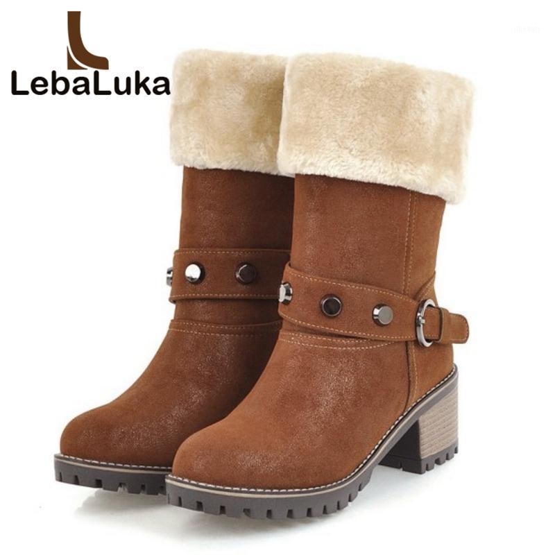 

Tuyoki Size 34-43 Women High Heels Boots Rivets Thick Fur Winter Woman Shoes Thick Heels Warm Fashion Ladies Mid Calf Boots1, Black