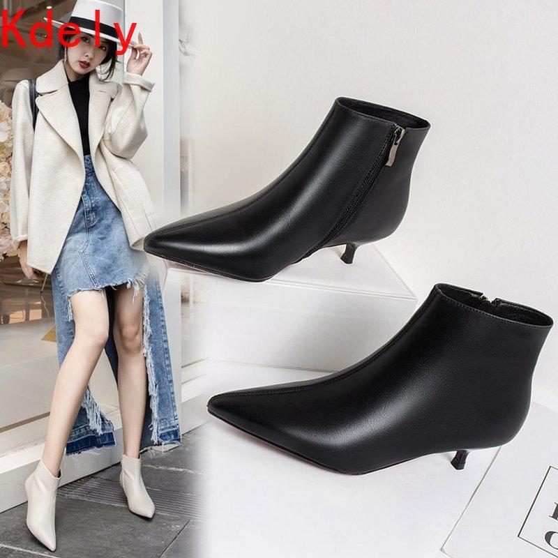 

Hot Women Boots Ankle PU Leather Zipper Booties High Heels Autumn Shoes Low Heels 3CM Winter Boots Zapatos De Mujer Pointed Toe, Beige