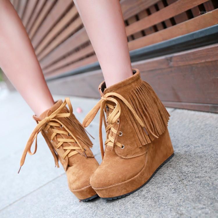 

PXELENA Korean Platform Wedge High Heels Fringe Ankle Boots Women Round Toe Flock Lace Up Fringe Short Boots Female Shoes 20201, Black