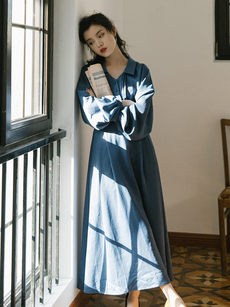 

2021 Spring Long Loose Lantern Female Sleeve Dressed in Chiffon Vintage Midi Dress Feminine Blue Fiesta Wyqe