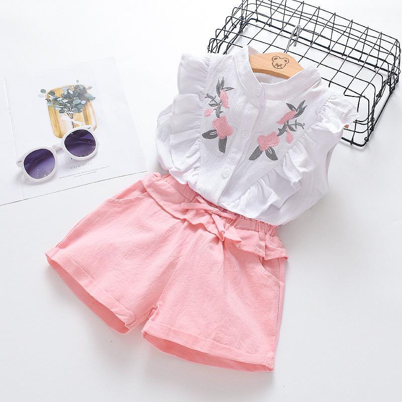 

2020 Summer New Children's Suit Blouse Hot Girls Embroidered Flower Sleeveless Shirt Pink Shorts Suit1